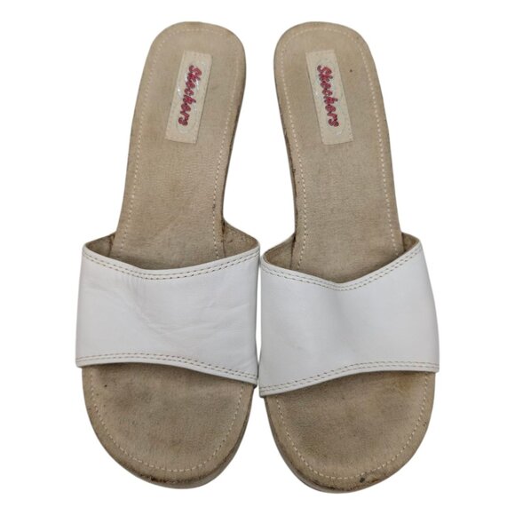 Skechers Cork Wedge Sandals Womens White Leather Slip On Open Toe Size 10 - Picture 7 of 13